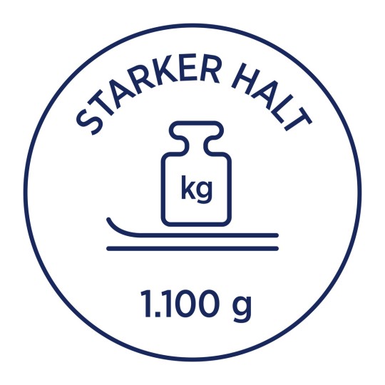 Obraz przedstawia okrągły wzór z napisem 'STARKER HALT' oraz ilustracją ciężarka z napisem 'kg', a na dole znajduje się liczba '1.100 g'.
