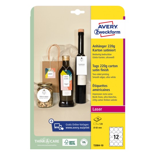 Opakowanie: Avery Zweckform, Artykuł: T2004-10, Format: ⌀ 60 mm, Nadaje się do drukarek: Laser czarno-biały, kolorowy laser, Zawartość: 120 zawieszek / 10 arkuszy, 12 zawieszek/arkusz.
