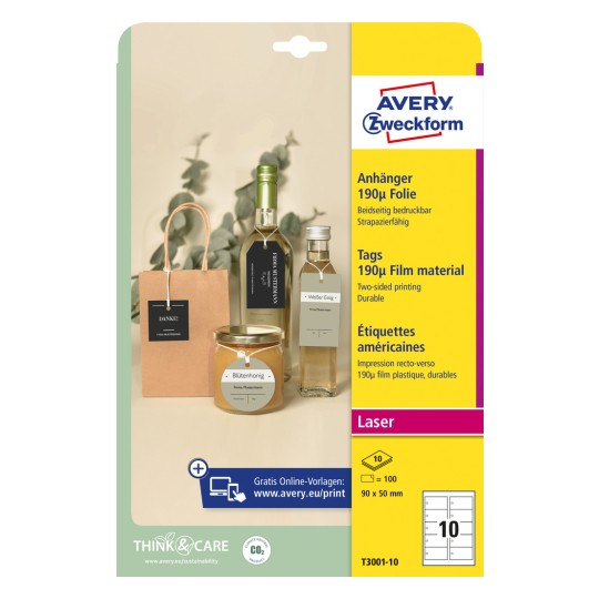 Opakowanie: Avery Zweckform, Produkt: T3001-10, Format: 90 x 50 mm, Zastosowanie do drukarek: laser czarno-biały, laser kolorowy, Zawartość: 100 zawieszek / 10 arkuszy, 10 zawieszek/arkusz