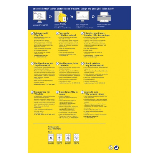 Obraz zawiera informacje o różnych produktach etykietowych, w tym metkach, materiałach foliowych i etykietach samoprzylepnych. Zapewnia opisy w wielu językach oraz szczegóły takie jak wymiary i dostępne szablony do drukowania.