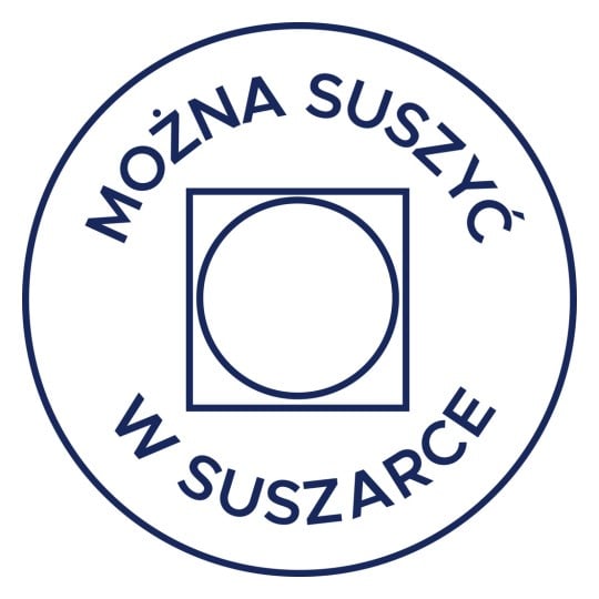 Obraz przedstawia okrągły symbol, który wskazuje, że suszenie w suszarce jest dozwolone, z napisem 'MOŻNA SUSZYĆ W SUSZARCE' wokół niego po polsku.