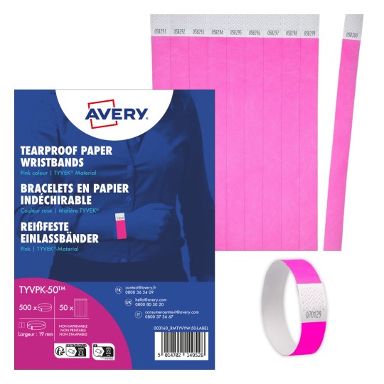 Obraz przedstawiający paczkę różowych opasek papierowych odpornych na przedarcia marki Avery, ukazujący opakowanie i kilka opasek.