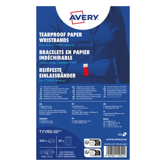 Ilustracja produktu: Avery Zweckform, artykuł: TYVRD-50, opaski wstępu, 19 x 256 mm, małe opakowanie, 500 opasek / 50 arkuszy.