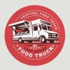 Okrągła czerwona naklejka z grafiką food trucka i białym podpisem Food Truck