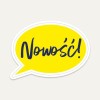 Ikonka żółtej naklejki w kształcie dymku dialogowego z napisem Nowość!
