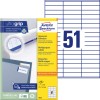 Opakowanie z arkuszem etykiet: Avery Zweckform uniwersalne etykiety, artykuł: 3420, format: 70 x 16,9 mm, nadają się do druku: inkjet, laser czarno-biały, kolorowy laser, zawartość: 5.100 etykiet / 100 arkuszy, 51 etykiet/arkusz.