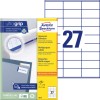 Opakowanie z arkuszem etykiet: Avery Zweckform Uniwersalne Etykiety, Artykuł: 3479, Format: 70 x 32 mm, Zastosowanie drukarki: Inkjet, Laser czarno-biały, Laser kolorowy, Zawartość: 2.700 etykiet / 100 arkuszy, 27 etykiet/arkusz.