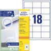 Opakowanie z arkuszami etykiet: Avery Zweckform Uniwersalne Etykiety, artykuł: 3671, format: 64 x 45 mm, przystosowanie do drukarek: atramentowa, laserowa czarno-biała, kolorowa laserowa, zawartość: 1.800 etykiet / 100 arkuszy, 18 etykiet/arkusz.