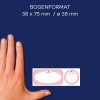 Porównanie wielkości z dłonią, Artykuł: 4381, jedna rolka etykiet, Format: ⌀ 38 mm, Kolor: morelowy, różowy, pomarańczowy.