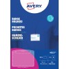 Obraz przedstawia uchwyt na identyfikatory firmy Avery, zawierający szczegóły produktu, takie jak „Uchwyty na identyfikatory”, wymiary oraz przykład plakietki z imieniem. Jest zaprojektowany do wszystkich drukarek.