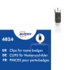 Metalowy klips do identyfikatora z przezroczystym plastikowym paskiem na białym tle i niebieską etykietą produktu?