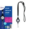 Obraz przedstawia opakowanie dla smyczy Avery z bębnem, w tym smycz, klips bezpieczeństwa z funkcją rozłączania oraz szczegóły w języku angielskim i francuskim.
