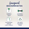 Obraz przedstawia cechy smyczy, w tym karabińczyk, zapięcie bezpieczeństwa, wymiary wysokiej jakości materiału oraz informacje o recyklingu, wskazując, że jest wykonana w 100% z recyklingowanego plastiku.