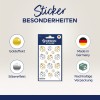Obraz przedstawia arkusz naklejek z wzorami biedronek w złotej i srebrnej kolorystyce. Podkreśla „specjalne cechy” takie jak „złoty efekt”, „srebrny efekt” oraz informację, że produkt jest wyprodukowany w Niemczech z wykorzystaniem zrównoważonego opakowania.