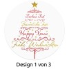 Obraz przedstawia okrągły wzór z stylizowaną choinką z frazami w wielu językach, w tym „Frohes Fest”, „Besinnliches Fest”, „Happy Xmas” i „Frohe Weihnachten”. Na szczycie choinki znajduje się złota gwiazda, a tekst otaczają elementy dekoracyjne.