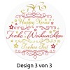 Obraz przedstawia okrągły wzór z świątecznym tekstem w czerwieni i zieleni. Zawiera frazy takie jak „Happy Xmas”, „Frohe Weihnachten” i „Frohes Fest”, ozdobione gwiazdami, wirami i kokardą na górze. Projekt oddaje świąteczną tematykę.