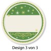 Obraz przedstawia okrągły projekt etykiety w zielono-kremowej kolorystyce. Zawiera dekoracyjne elementy takie jak gwiazdki i zawijasy, a na środku ma puste miejsce do pisania. Etykieta nosi napis 'Design 3 von 3.'