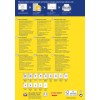 Obraz to plakat instruktażowy do projektowania i drukowania etykiet, przedstawiający cechy etykiet uniwersalnych, w tym kompatybilność z drukarkami, przyleganie do różnych materiałów oraz technologię szybkiego odklejania, wraz z sekcjami wielojęzycznymi.