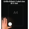 Porównanie wielkości z ręką, artykuł: 6225-10, arkusz okrągłych etykiet, format: ⌀ 51 mm, kolor: biały.