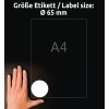 Porównanie rozmiaru z dłonią, artykuł: 6227-10, jeden arkusz okrągłych etykiet, format: ⌀ 65 mm, kolor: biały.