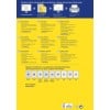 Obraz przedstawia przewodnik projektowania etykiet od firmy Avery, zawierający różne rodzaje etykiet, w tym owalne, kwadratowe, ośmiokątne i w kształcie kwiatów, wraz z instrukcjami drukowania w wielu językach.