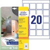 Opakowanie z arkuszem etykiet: Avery Zweckform Etykiety kwadratowe, zmywalne, artykuł: 6252REV-10, format: 45 x 45 mm, odpowiednie dla drukarek: Inkjet, Laser czarno-biały, kolorowy laser, zawartość: 200 etykiet / 10 arkuszy, 20 etykiet/arkusz.