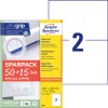 Opakowanie z arkuszem etykiet: Avery Zweckform Etikiety uniwersalne, artykuł: 6604, format: 210 x 148 mm, przeznaczenie do drukarek: atramentowe, laserowe czarno-białe, laserowe kolorowe, zawartość: 130 etykiet / 65 arkuszy, 2 etykiety/arkusz.