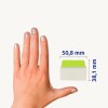 Porównanie rozmiarów z ręką, artykuł: 74753, jeden arkusz pasków samoprzylepnych, format: 50,8 x 38,1 mm, kolor: neonowy zielony, neonowy pomarańczowy, neonowy różowy.