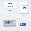 Identyfikator imienny Avery z napisem „Paul Meyer”, schemat arkusza etykiet, plastikowa oprawka na identyfikator i zapięcie magnetyczne?