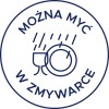 Obraz przedstawia okrągły symbol wskazujący, że przedmioty można myć w zmywarce. Obejmuje on kieliszek do wina i talerz z kroplami lub rozpryskami wody, wraz z tekstem 'MOŻNA MYĆ W ZMYWARCE', co w języku polskim oznacza 'Can be washed in a dishwasher'.