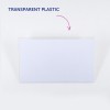 Obraz przedstawia kawałek przezroczystego plastiku z etykietą z napisem 'TRANSPARENT PLASTIC' powyżej, wskazującym jego materiał.