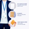 Obraz przedstawia uchwyt na identyfikator z tekstem opisującym cechy produktu: 50 uchwytów na identyfikatory XL, 52 wysokiej jakości wkładki oraz łatwe opcje projektowania i drukowania.