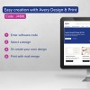 Obraz przedstawia ekran komputera z oprogramowaniem Avery Design & Print. Podkreśla łatwe kroki tworzenia niestandardowych etykiet i kart, w tym wprowadzenie kodu oprogramowania, wybranie projektu, stworzenie własnego projektu i drukowanie z funkcją korespondencji seryjnej.