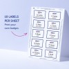 Obraz przedstawia arkusz samoprzylepnych identyfikatorów imiennych firmy Avery, zawierający 10 etykiet z imionami i tytułami zawodowymi, takimi jak „B. Carlos, Dyrektor Marketingu” i „D. Franklin, Naukowiec”. Tekst z boku sugeruje wydrukowanie własnych identyfikatorów.