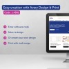 Obraz przedstawia instrukcje dotyczące korzystania z oprogramowania Avery Design & Print na ekranie komputera. Wyjaśnia, jak wprowadzić kod oprogramowania, wybrać lub stworzyć projekt oraz drukować z wykorzystaniem łączenia korespondencji.