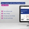Obraz przedstawia ekran komputera wyświetlający interfejs Avery Design & Print z instrukcjami użytkowania oprogramowania. Kroki obejmują wprowadzenie kodu, wybranie lub stworzenie projektu oraz drukowanie z funkcją korespondencji seryjnej.