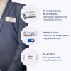 Obraz przedstawia mężczyznę w marynarce, który nosi identyfikator z imieniem. Wokół niego znajdują się informacje o identyfikatorach, w tym ilościach, cechach takich jak magnetyczne zaczepy, oraz wkładkach do personalizacji.