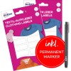 Opakowanie z markerem trwałym: Avery, Etykiety tekstylne, Artykuł: ETVET36X2PEN, Format: 13 x 45 mm, Zawartość: 72 etykiety / 4 arkusze, 18 etykiet/arkusz.