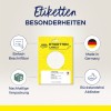 Obraz przedstawia opakowanie produktu z etykietami Avery Zweckform. Podkreślono kluczowe cechy, takie jak łatwe etykietowanie, produkowane w Niemczech, zrównoważone opakowanie oraz etykiety usuwalne, z ikonami wizualnymi reprezentującymi każdą cechę.