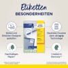 Obraz przedstawia opakowanie produktu etykiet Avery Zweckform, podkreślając cechy takie jak łatwe projektowanie, technologia ultra grip i zrównoważony rozwój. Podkreśla, że produkt jest wytwarzany w Niemczech i nadaje się do wszystkich drukarek.