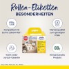 Obraz przedstawia opakowanie etykiet w rolce Avery Zweckform, zaprojektowanych do użycia z drukarkami etykiet Dymo Labelwriter. Podkreśla kompatybilność, jakość w konkurencyjnej cenie, gwarancję zwrotu pieniędzy oraz aspekty związane z ochroną środowiska.