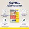 Obraz przedstawia opakowanie produktów etykiet Avery Zweckform, podkreślając cechy takie jak łatwe projektowanie za pomocą narzędzia online, etykiety z możliwością usuwania i zrównoważony papier. Wspomina również o specjalnej ofercie 50+15 arkuszy oraz że produkt jest produkowany w Niemczech.