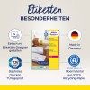 Obraz przedstawia reklamę produktów etykiet adresowych do recyklingu Avery, podkreślając cechy takie jak wykonanie w 100% z papieru z recyklingu oraz certyfikat TÜV dla drukarek laserowych. Zawiera narzędzie do projektowania umożliwiające łatwą personalizację.