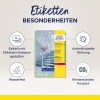 Obraz przedstawia opakowanie produktu dla etykiet antybakteryjnych Avery Zweckform. Podkreśla cechy takie jak łatwe projektowanie z wykorzystaniem projektanta etykiet, wodoodporność i fakt, że jest to produkt neutralny dla klimatu.