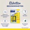 Obraz przedstawia opakowanie produktu etykiet Avery Zweckform ultra grip, podkreślając cechy takie jak łatwe projektowanie, 100% przezroczystość i zrównoważony papier. Wspomina również o technologii, która pozwala na bezproblemowe drukowanie.