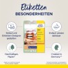 Obraz przedstawia opakowanie produktu do etykiet usuwalnych firmy Avery Zweckform, podkreślając cechy takie jak łatwe projektowanie, możliwość ponownego użycia, zrównoważony materiał oraz fakt, że został stworzony w Niemczech.