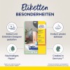 Obraz przedstawia etykietę produktu dla kwadratowych etykiet od Avery Zweckform. Podkreśla ich cechy, takie jak łatwe projektowanie za pomocą narzędzia online, usuwalny klej, papier ekologiczny oraz fakt, że są wyprodukowane w Niemczech.