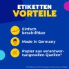 Obraz przedstawia opakowanie etykiet firmy Avery Zweckform. Podkreśla cechy takie jak "Łatwe do pisania" i "Wyprodukowane w Niemczech". Opakowanie jest oznaczone jako zrównoważone i wykonane z papieru pochodzącego z odpowiedzialnych źródeł.