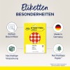 Obraz przedstawia opakowanie produktu z etykietami Avery, podkreślając cechy takie jak łatwe etykietowanie, zrównoważony rozwój i fakt, że jest produkowany w Niemczech.