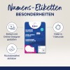 Obraz przedstawia opakowanie samoprzylepnych identyfikatorów imiennych marki Avery, podkreślając takie cechy jak łatwe projektowanie online, odrywana podkładka i szybkie przyklejenie w jedną sekundę.